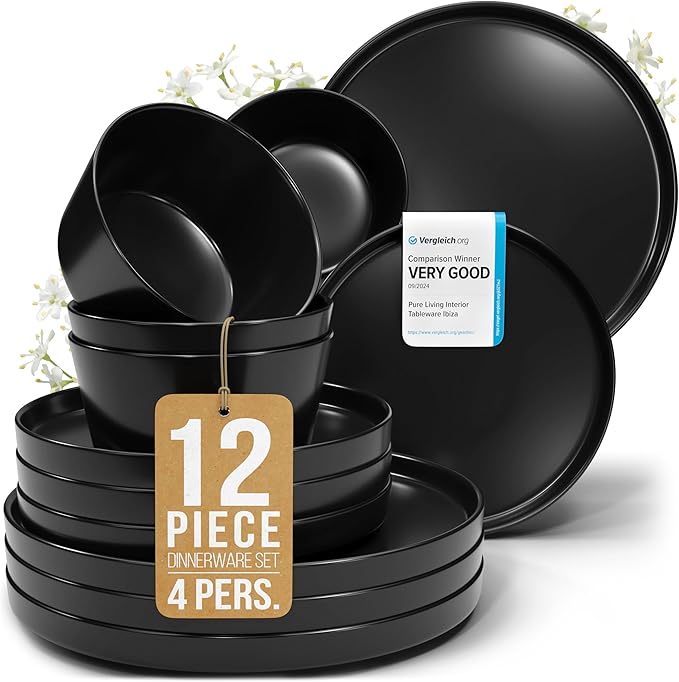 16 Piece Black Dinnerware Set for 4, Stoneware Black Plates and Bowls Set