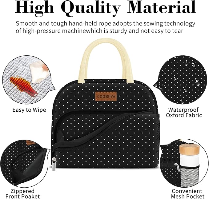 Coobiiya Lunch Bag Women,Lunch Box LunchBag for Women Adult Men, Small Leakproof Cute Lunch Tote Large Capacity Reusable Insulated Cooler Lunch Container for Work/Office/Picnic/Travel-Black Polka Dot