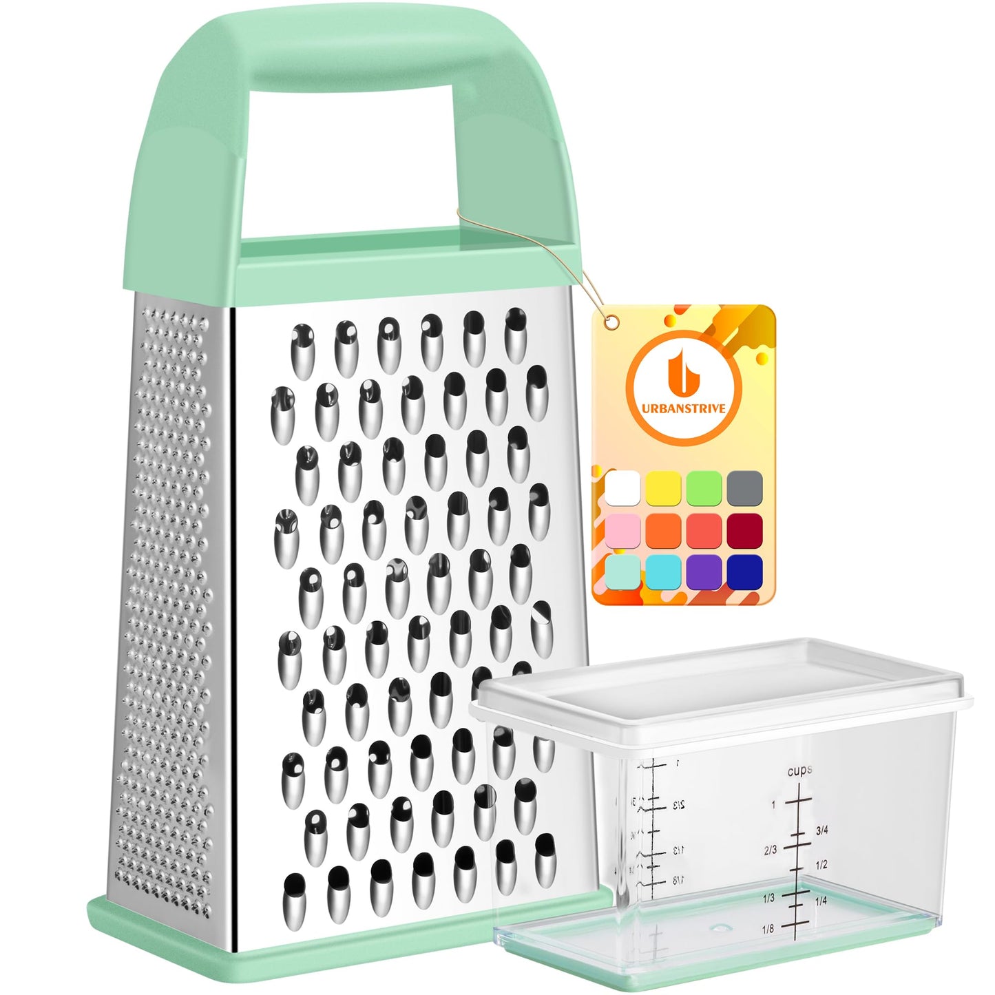 Urbanstrive Cheese Grater With Container, Professional Cheese Grater with Handle, Stainless Steel Graters for Kitchen Handheld, Box Grater with 4 Sides for Vegetables, Ginger, Potatoes (Red)