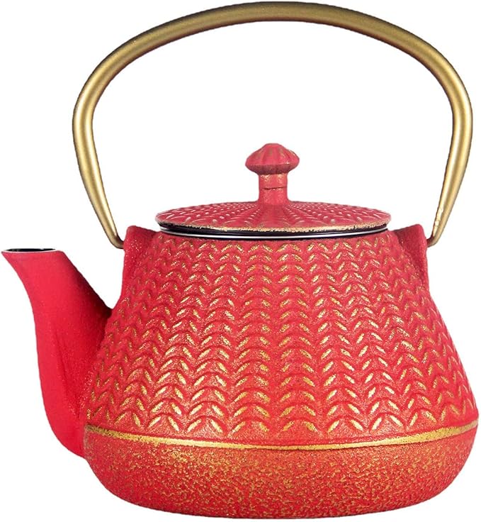 YJX Cast Iron Teapot and Tea Cups Set, 33.8oz Hexagon Pattern Tea Set with Cups and Cup Mats, Enameled Tea Kettle for Stovetop, Durable Tea Pot Set with Stainless Steel Infuser for Loose Leaf