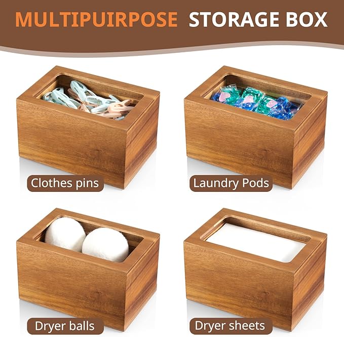 Dryer Sheet Holder, Acacia Wood Laundry Sheets Container, Laundry Room Organization and Storage for Farmhouse Laundry Room Decor and Accessories, Fabric Sheet Dispenser