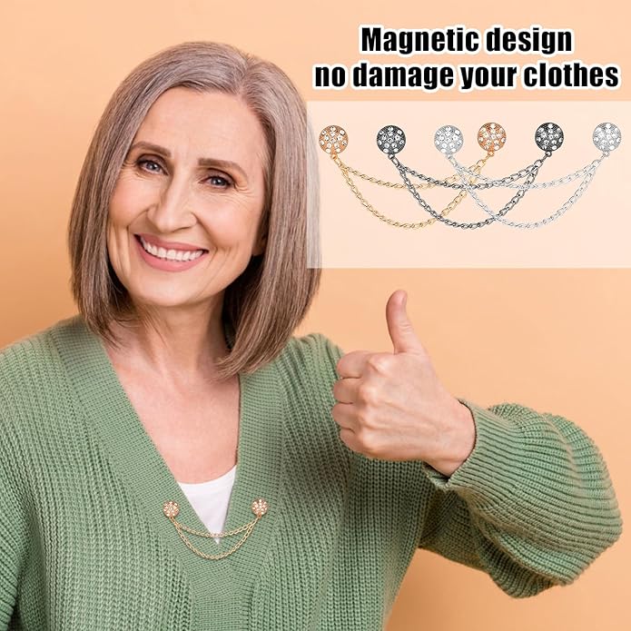 6pcs Magnetic Clothing Clips with Chain, Multi-Function Magnet Button Pins Hijab Cuff Clips for Fixing Hem of Clothes Long Pants Legs Sleeves of Shirts