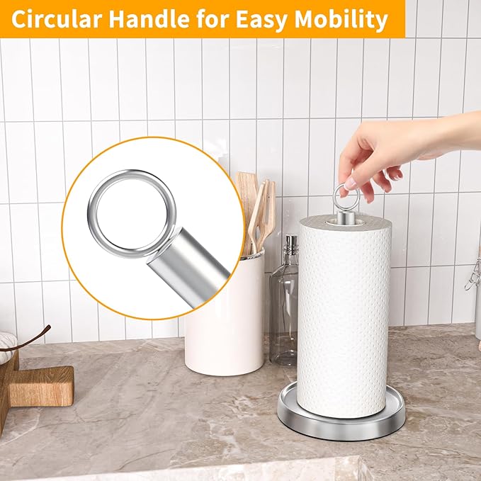 Paper Towel Holder Countertop, Stainless Steel, Weighted Base, Paper Towel Stand Holder for Kitchen Bathroom Farmhouse Essentials Decor Accessories, Silver