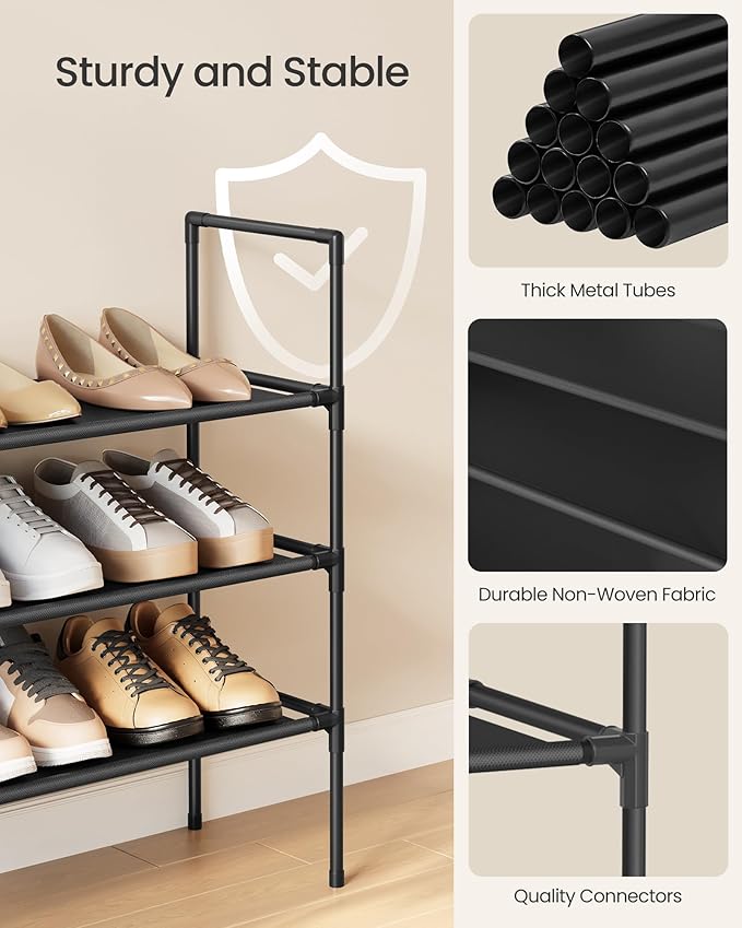SONGMICS 3-Tier Shoe Rack, Shoe Storage for Hallway Closet, Slim and Space-Saving, Metal Frame, Non-Woven Fabric Shelves, Black ULSH043BH01