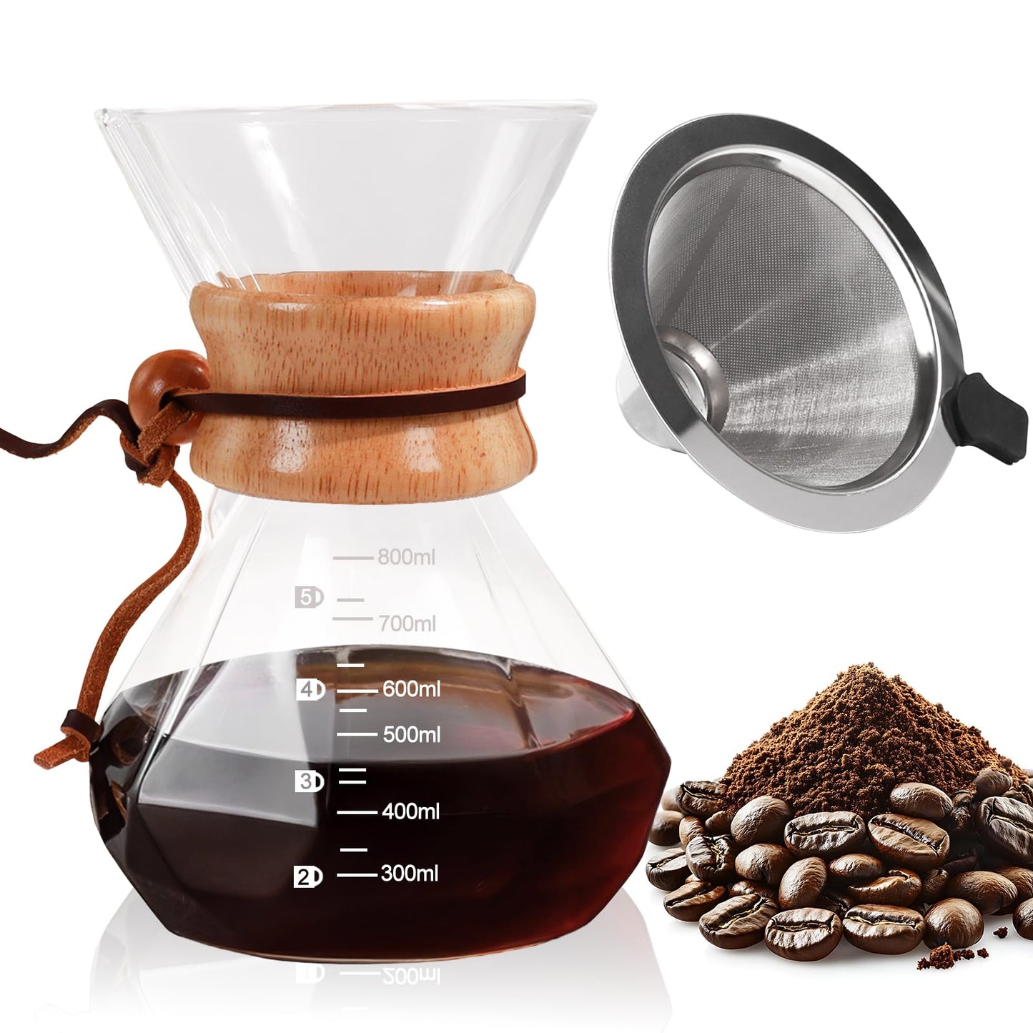Mogrecha Pour Over Coffee Maker 800ml/27oz with 304 Stainless Steel Filter