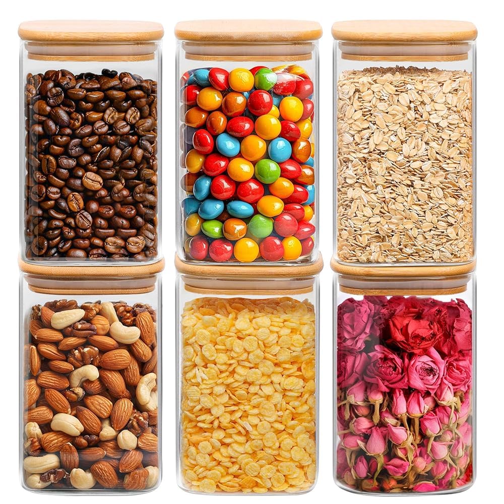 ComSaf Square Glass Containers with Lids 0.6 Qt, Set of 6 Small Glass Jars