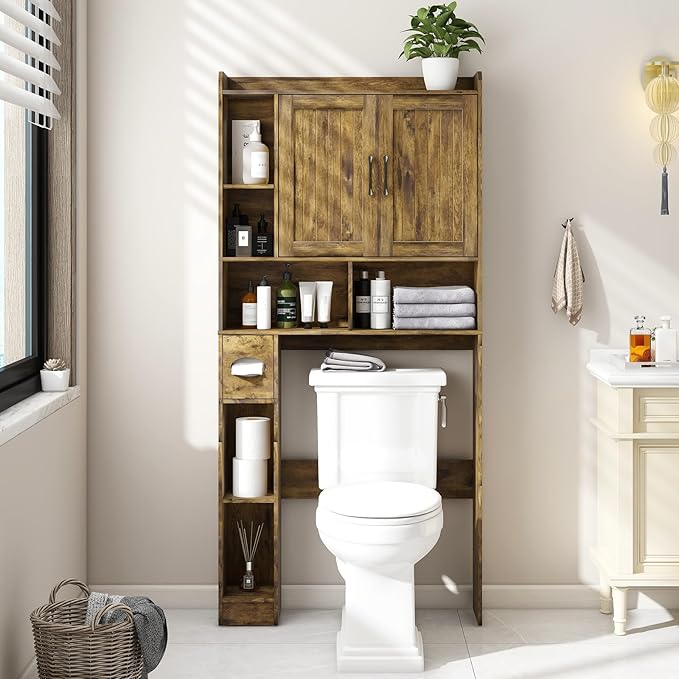 Vabches Over The Toilet Storage Cabinet, Farmhouse Storage Cabinet Over Toilet with Barn Door，Home Space-Saving Toilet Rack for Bathroom, Restroom and Laundry