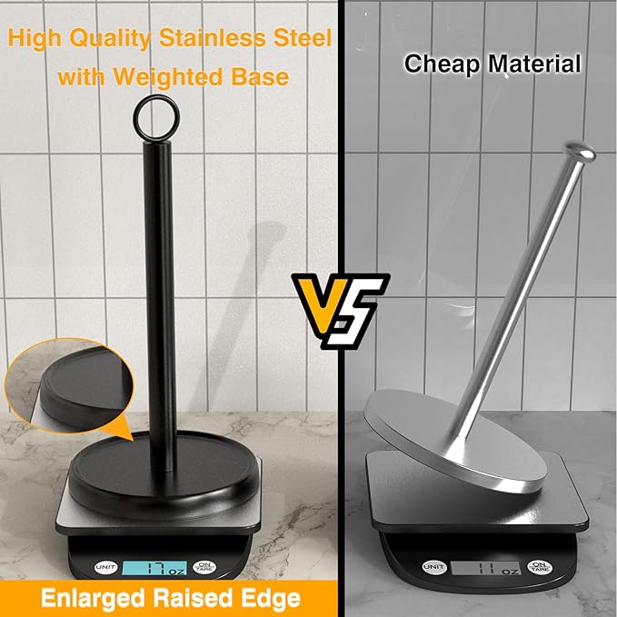 Paper Towel Holder Countertop, Stainless Steel, Weighted Base, Anti-Slip, Black Paper Towel Holder Stand for Kitchen Bathroom Farmhouse Essentials Decor Accessories