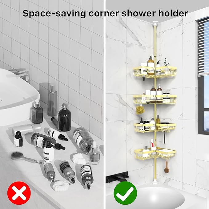 KEGII Corner Gold Shower Caddy Tension Pole - 4-Tier Rustproof Shower Rod Organizer, Floor to Ceiling Tension Rod 25-114.2 inch, Stainless Steel Corner Shower Shelf, Waterproof