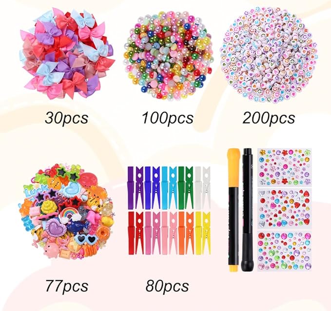 JOICEE 80PCS Cheer Pins Spirit Clips,80 Colored Wooden Clothes Pins 126 Mini Resin Animals Bows Daisy and Stickers Pen 300 Beads Pearls for Backpacks Ribbon Team Classroom Cheer Gifts Bulk