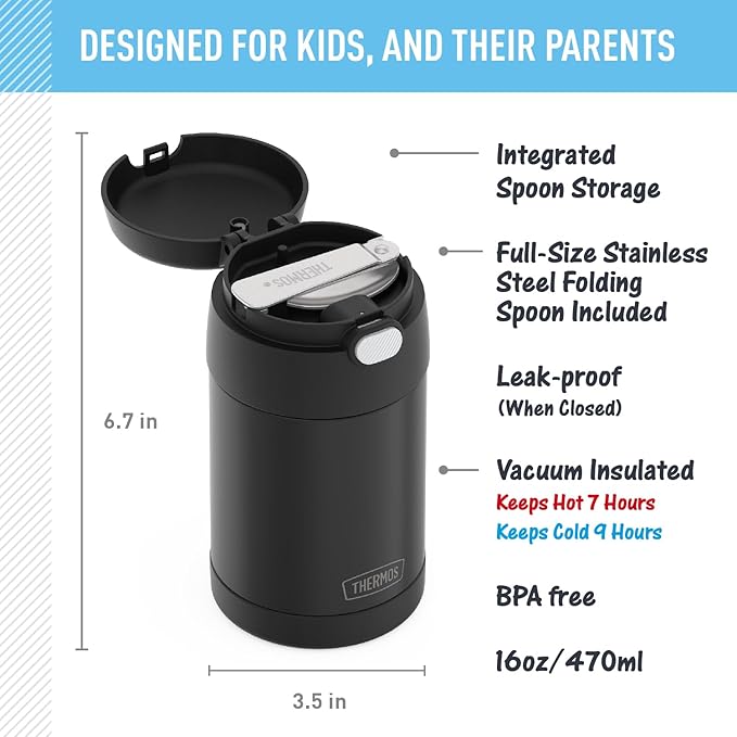 THERMOS FUNTAINER Insulated Food Jar, 16 Ounce, Kid Friendly Food Jar with Foldable Spoon, Matte Black