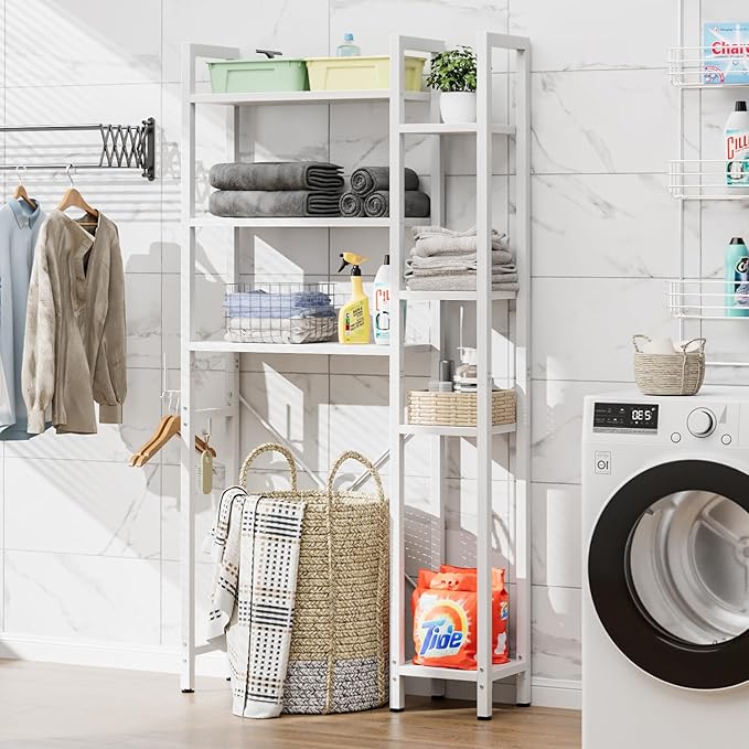 OTK Over The Toilet Storage with 7-Tier Bathroom Organizer Shelf, Freestanding Space Saver with Adjustable Feet & Hooks, Storage Rack for Bathroom, Restroom, Laundry, White