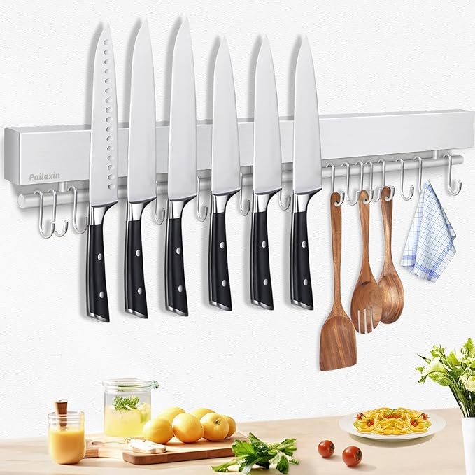 Pailexin 20 inch magnetic knife holder with 10 hooks, no drilling knife magnetic strip, and utensil hanger for wall. Powerful knife magnet rack includes tape and screw