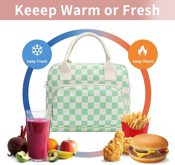 Lunch Bag Women Lunch Box for Women Adult Cute Insulated Lunch Bag Lager Cooler Lunch Tote Bags for Work Picnic (Beige-Light Green Plaid)