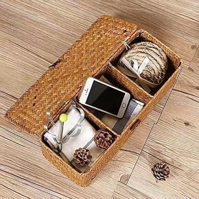 Seagrass Storage Basket for Bathroom - Toilet Tank with Lid, Wicker Woven Narrow Basket for Organizing (13" x 5" x 4.3")