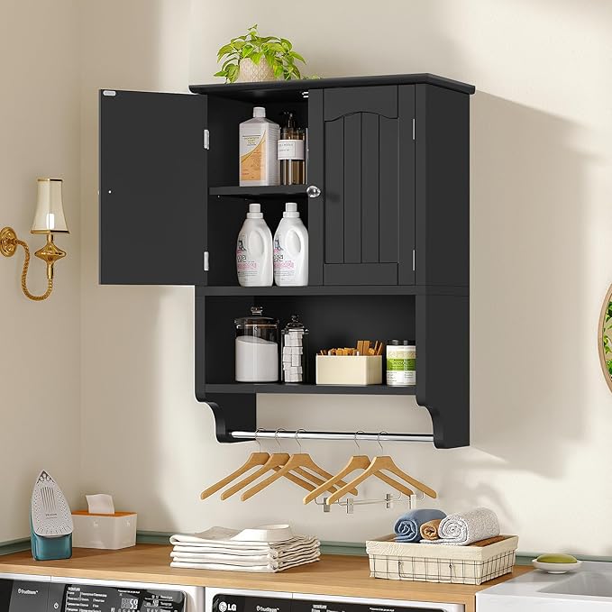 TEENFON Bathroom Wall Cabinet with Adjustable Shelves and Towel Rack, Wall Mounted Over The Toilet Storage Cabinet for Bathroom, Living Room, Black
