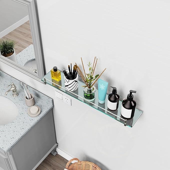 24 Inch Glass Bathroom Shelves,Brushed Nickel Floating Shelves for Wall Rectangular Modern Stainless Steel Glass Shelf for Bathroom Shelves Wall Mounted