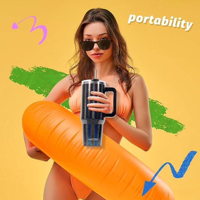 30 oz Shiny Tumbler with Handle,Tumbler with Lid and Straw,Double Wall Insulated Cup Stainless Steel Travel Mug(Cold for 34 Hours),Water Bottle for Iced Tea,Coffee,Cold Beverages(Black)