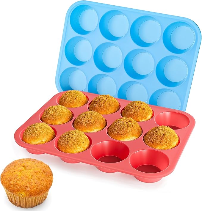 Bangp Silicone Muffin Pan for Baking with Steel-reinforced Rim,2 Pack,Blue