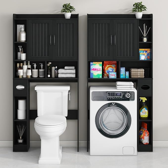 Vabches Over The Toilet Storage Cabinet, Farmhouse Storage Cabinet Over Toilet with Barn Door, Home Space-Saving Toilet Rack, for Bathroom, Restroom, Laundry（Black）.