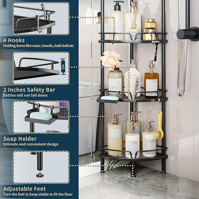 Consumest Corner Shower Caddy Stand - 4 Tier Shower Organizer with Soap Holder, Tall Floor Corner Shelf Standing with Adjustable Feet & 4 Hooks, Storage Rack for Bathroom Black