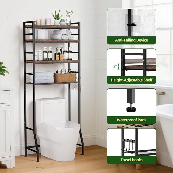 Over The Toilet Storage Rack,4-Tier Over Toilet Bathroom Organizer with Adjustable Wooden Shelves,Freestanding Space Saver Bathroom Cabinet Shelves Over Toilet,Over Toilet Storage, Vintage Brown