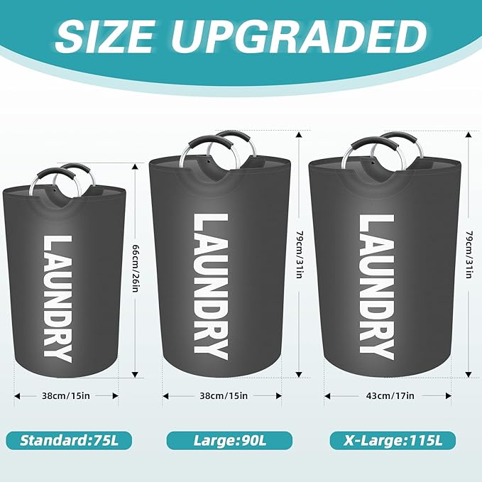 StorageRight 75L Large Laundry Basket, Laundry Hamper, Dirty Clothes Hamper for Laundry, Collapsible, Waterproof Laundry Baskets with Foam Protected Aluminum Handles for Laundry, Dorm, Family (Grey)