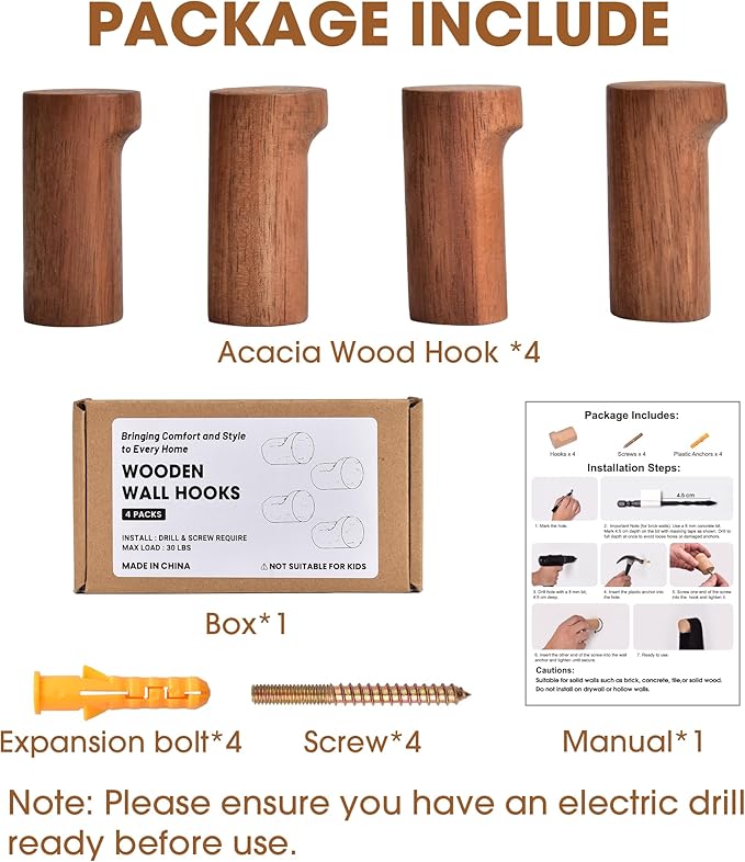 Wood Wall Hooks, 4 Pack Heavy Duty Coat Hooks – Farmhouse Rustic Entryway & Bathroom Hooks for Hats, Towels, Bags, Clothes (40 Capacity), Fits Drywall, Acacia Wood