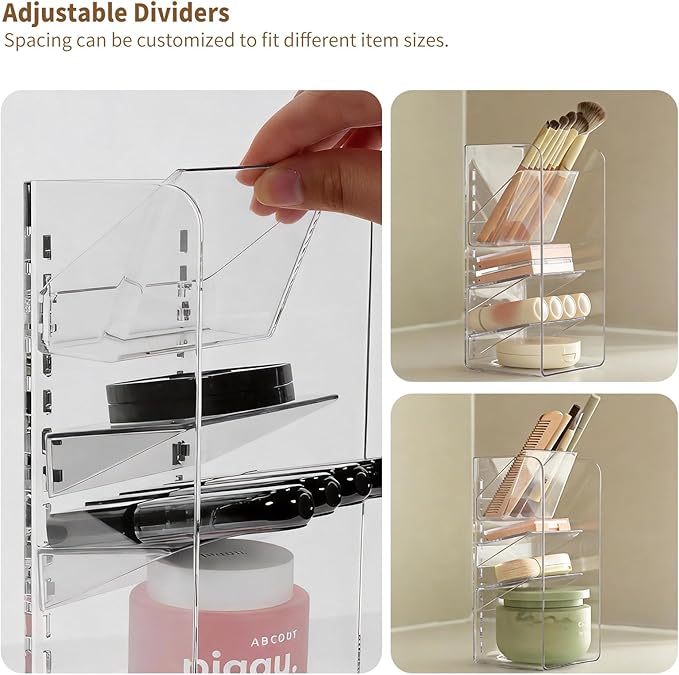 Medicine Cabinet Organizer with Adjustable Dividers, Clear Vertical Layered Backward Slanting Shelves for Makeup Brush/Lip Gloss/Mascara Storage (3-Tier Slant-Gentle Slant)