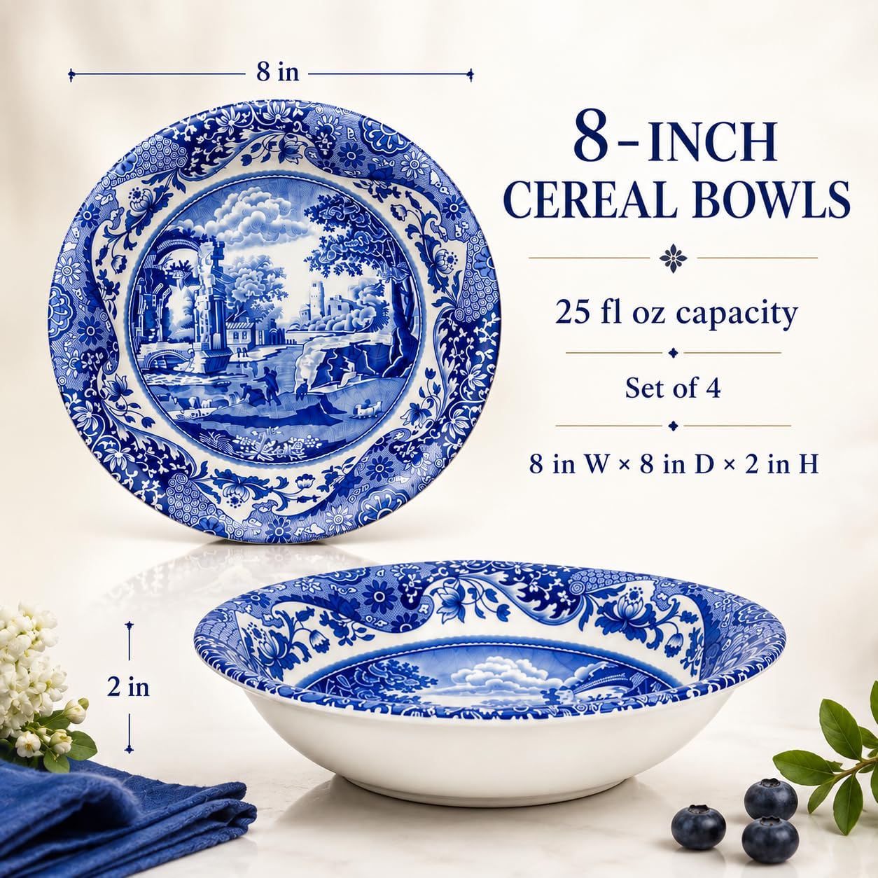 Spode Blue Italian Ascot Cereal Bowl, Set of 4