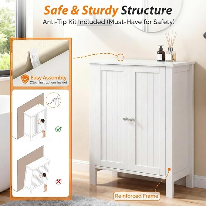 Bonnlo Bathroom Cabinet Free Standing Floor Storage with Double Door Adjustable Shelf Space Saver Decorative Modern Bathroom Furniture White