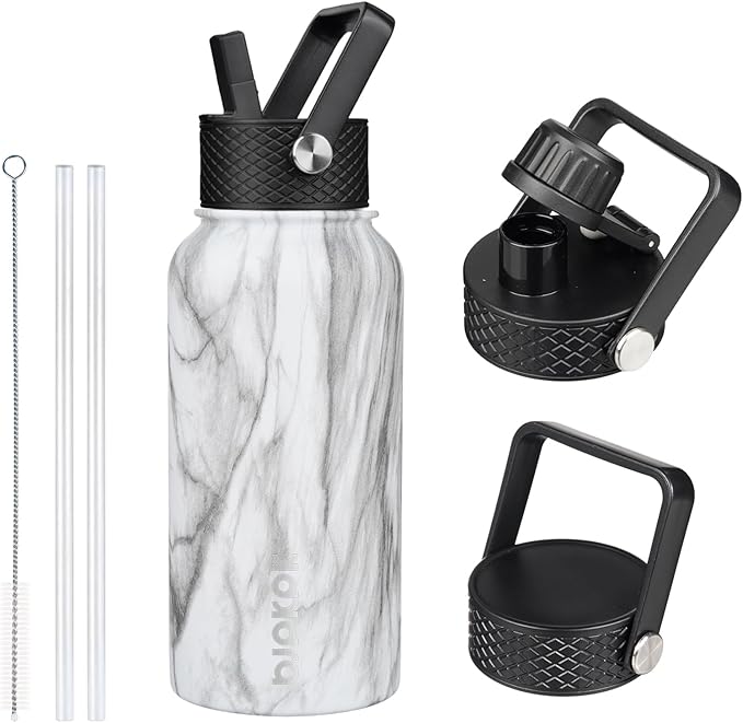 BJPKPK Insulated Water Bottles with Straw Lid, 27oz Stainless Steel Water Bottle with 3 Lids, Leak Proof BPA Free Metal Thermo, Mugs, Tumblers, Keep Cold Hot - White Birch