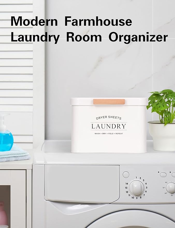Dryer Sheet Holder with Hinged Lid for Laundry Room Organization, Metal Farmhouse Dryer Sheet Container, Laundry Room Decor and Accessories (Cream)