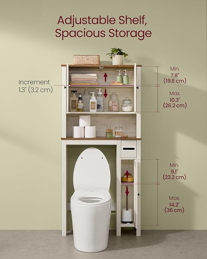 VASAGLE LIRY Collection - Over-The-Toilet Storage Cabinet, 31.3-Inch Wide Farmhouse Bathroom Organizer, Barn Doors, Toilet Paper Holder, Adjustable Shelves, Space-Saving, Rustic White UBTS027WJ01S