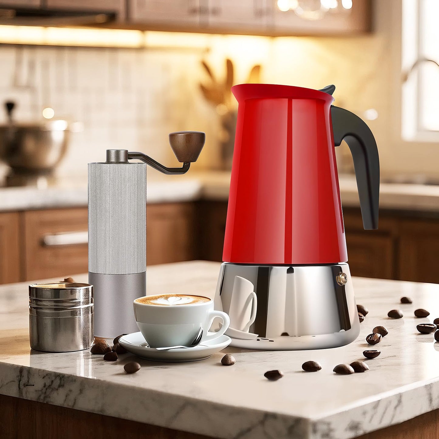 Suiitat 4 Cup Stainless Steel Moka Pot, 200ml Stovetop Espresso Maker, Red