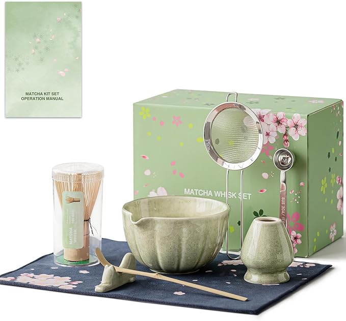 Matcha Whisk Set of 8 - HTRCXB Ceramic Matcha Set, Include Matcha Bowl, Matcha Whisk and Holder, Bamboo Scoop, Measuring Spoon, Scoop Rest, Sifter and Tea Towel - Matcha Kit Gift for Matcha Lovers