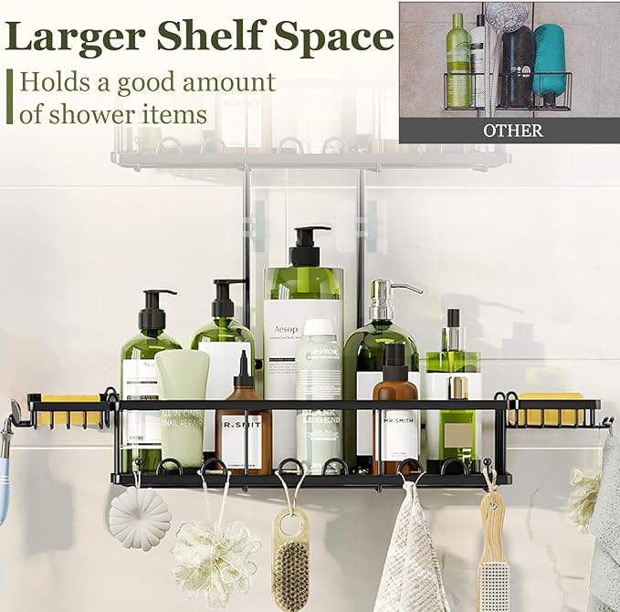 Shower Caddy Hanging: Adjustable Height Organizer for Over Showerhead - Black Rustproof Shower Shelves with Hooks & 2 Soap Holders
