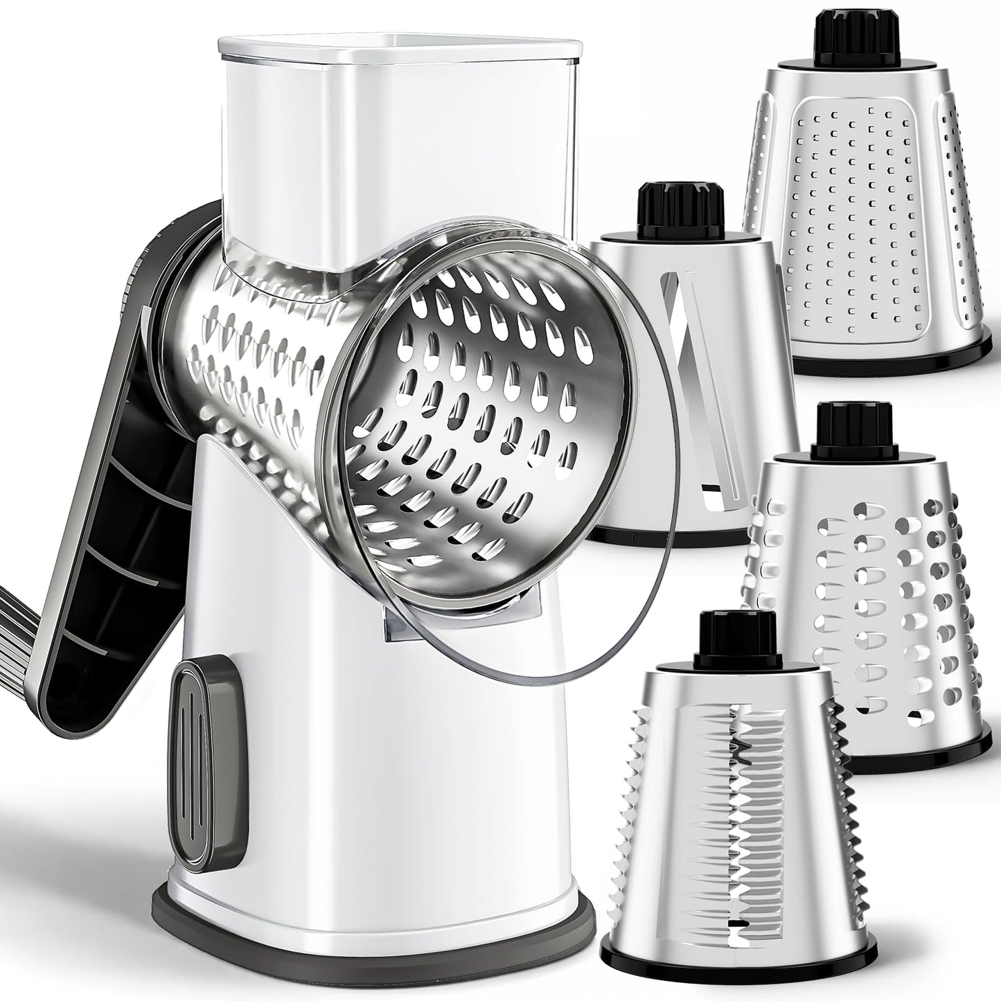 Weltonhm 4 in 1 Large Cheese Grater Hand Crank Rotary (White 4 Graters)