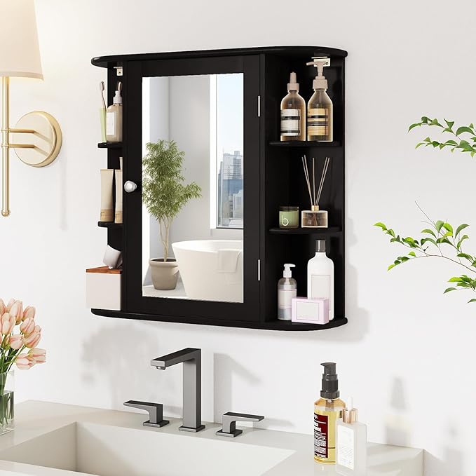 Tangkula Bathroom Medicine Cabinet with Mirror, Modern Wall Mounted Space-Saving Storage Organizer with Mirrored Door, 4 Internal Shelves & 6 Open Side Shelves, Bathroom Wall Cabinet (Black)
