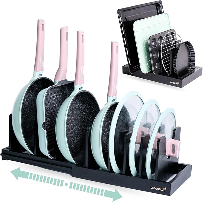 Pots and Pans Organizer under Cabinet Expandable Bamboo Pot Lid Holder Rack