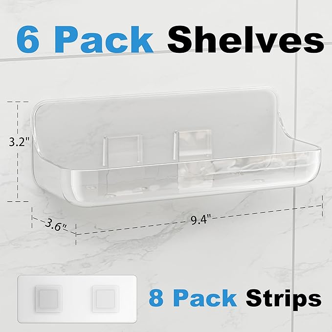 Adhesive Shower Caddy, 6 Pack Acrylic Bathroom Shelves, No Drill Wall Mount Organizer Storage Shelf