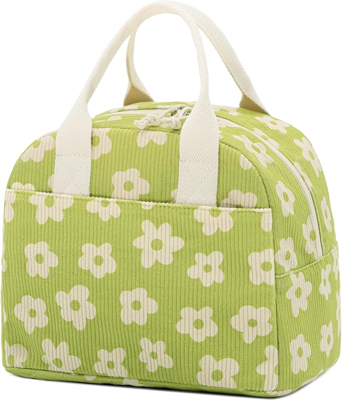 Insulated Floral Lunch Bag for Women, Stylish Corduroy Tote with Aluminum Lining, Large Capacity Reusable Cooler for Work, Travel, Beach or Picnic, Creamy Floral Water-Resistant Lunch Box