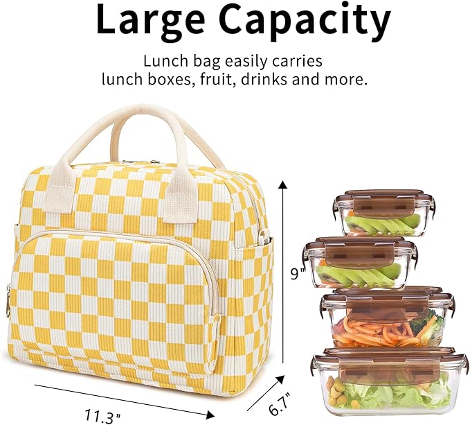 Lunch Bag Women Lunch Box for Women Adult Cute Insulated Lunch Bag Lager Cooler Lunch Tote Bags for Work Picnic (Beige-Yellow Plaid)