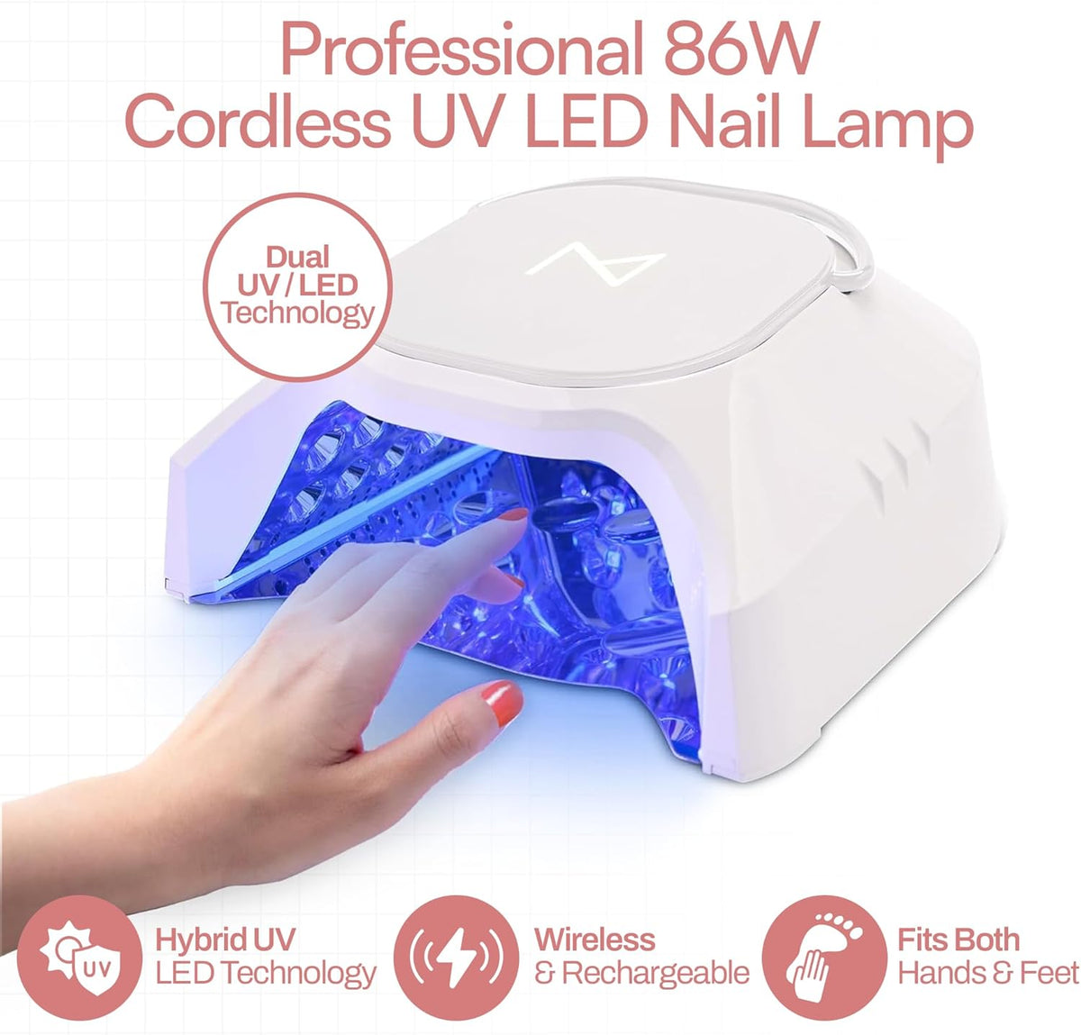 M - GlowPro Professional Hybrid 86W Wireless Rechargeable UV LED Nail Curing Lamp Cordless Nail Dryer for Gel Nails, Manicure, Pedicure (Purple)