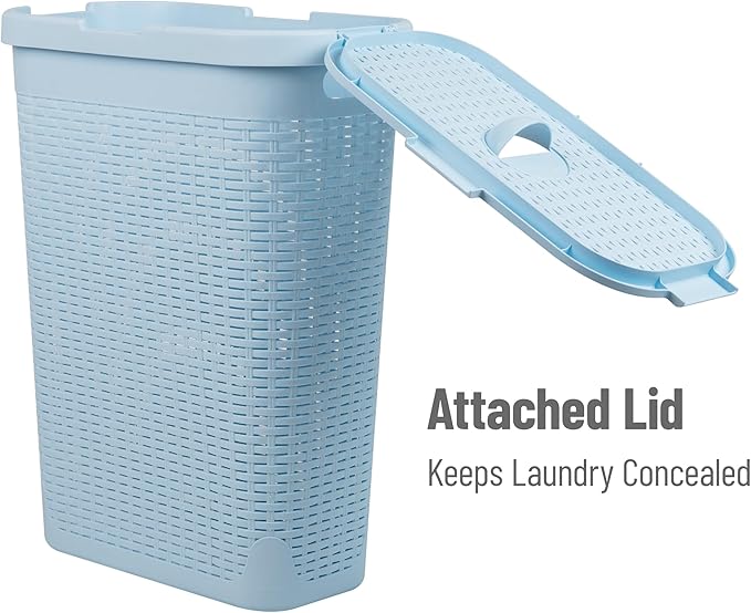 Mind Reader Slim Laundry Hamper with Lid, 40L Clothes Basket, Premium Wicker Design, Plastic, Baby Blue