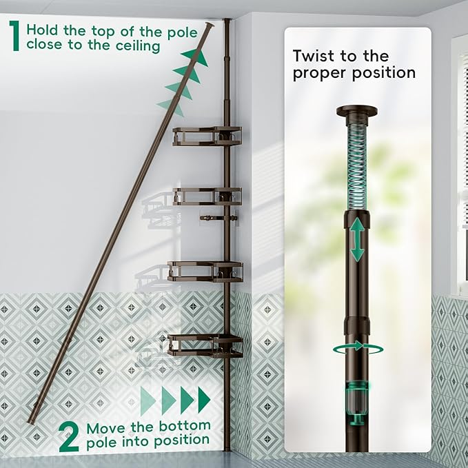 HEVEL Corner Shower Caddy Tension Pole, 4 Tier Adjustable Shower Organizer Corner 62-115 Inch, Rustproof Bathroom Shower Shelves for Bathtub Storage,Bronze