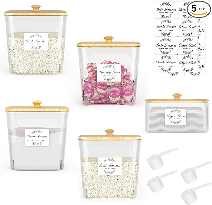 Laundry Room Organization and Storage, Laundry Pods Container and Dryer Sheet Holder with Bamboo Lids and Labels, Laundry Organizer with Scoops for Booster Beads, Powder, Pods, 4+1 Pack