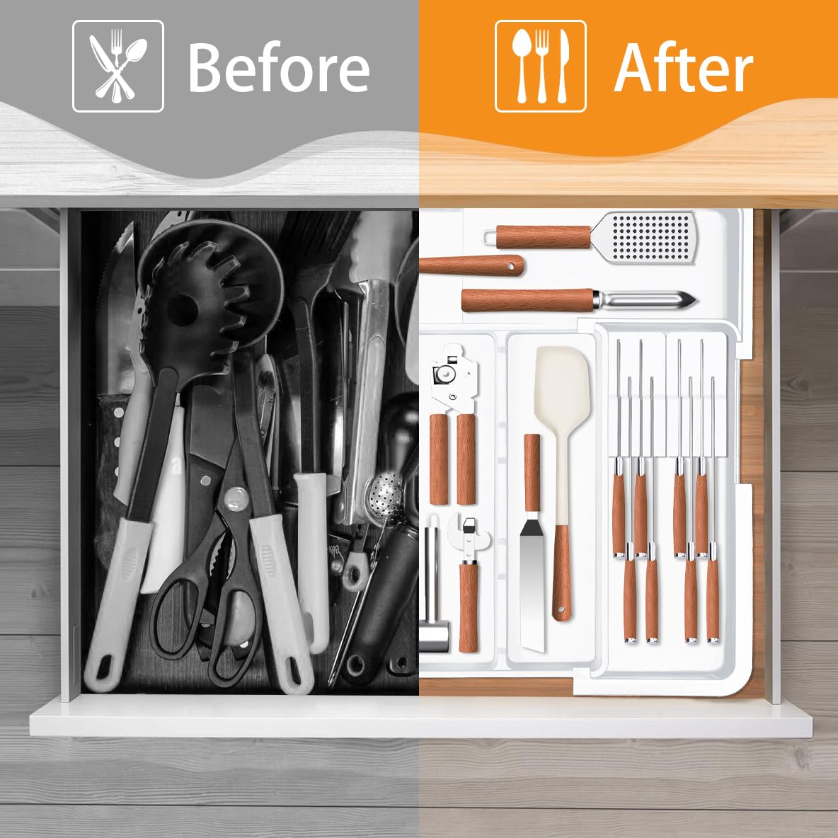 Homecor Large Utensil Organizer for Kitchen Drawer, Expandable Silverware Drawer Organizer Cooking Tray, Cutlery and Flatware Utensil Holder Kitchen Spatula Tools Storage with 3 Dividers, Grey