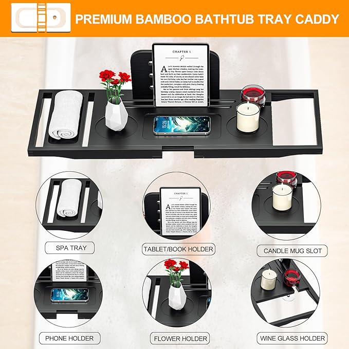Premium Bathtub Caddy Tray - Bath Tray - Bath Tub Tray Table for Bathtub - Bath Caddy Tray for Bathtub, Expandable Size, Fits Most Bath Tubs