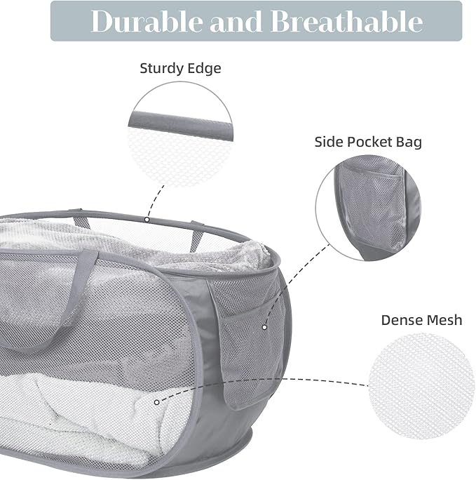 Durable Collapsible Laundry Baskets, Mesh Pop Up Laundry Hamper with Side Pocket, Foldable Clothes Hamper with Reinforced Carry Handles for Laundry, Bathroom, Kids Room, Dorm or Travel 2 Pack Grey